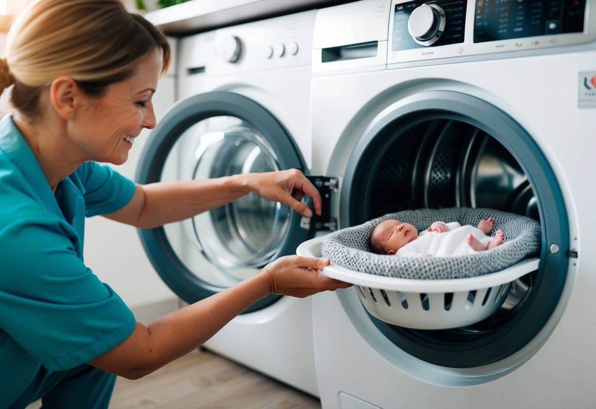 A caregiver placerer forsigtigt en babynest og små tøj i en moderne vaskemaskine tilføjer et mildt vaskemiddel og trykker på startknappen